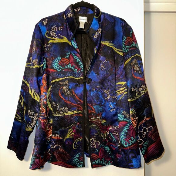 Chicos Size 3 (XL) Silk Women’s Colorful Asian Inspired Blazer Jacket EUC - Picture 2 of 11